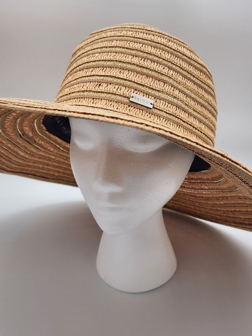 Betmar New York Wide Brim Straw Sun Hat Tan Striped Floppy Packable Summer Beach